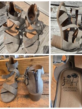 Jellypop Taupe Strappy Sandals/heels Sz 8 Block Heel Suede-look